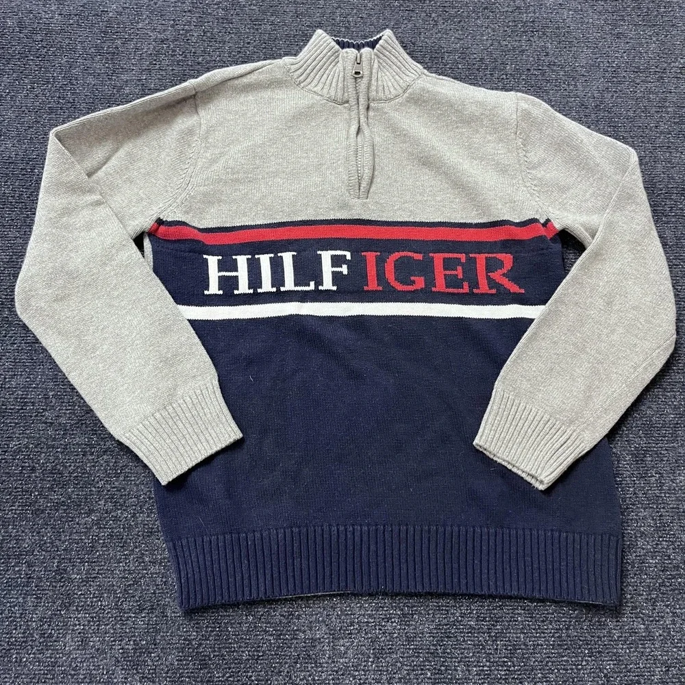 Tommy Hilfiger Sweater Youth Large‎ 16/18 Gray Navy Half Zip Pullover Spell Out